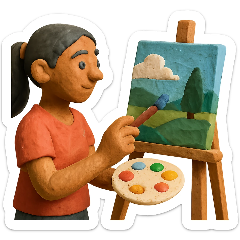 tanned woman artist with long black hair in a ponytail, painting a landscape at an easel, holding a paint palette and brush, claymation style sticker