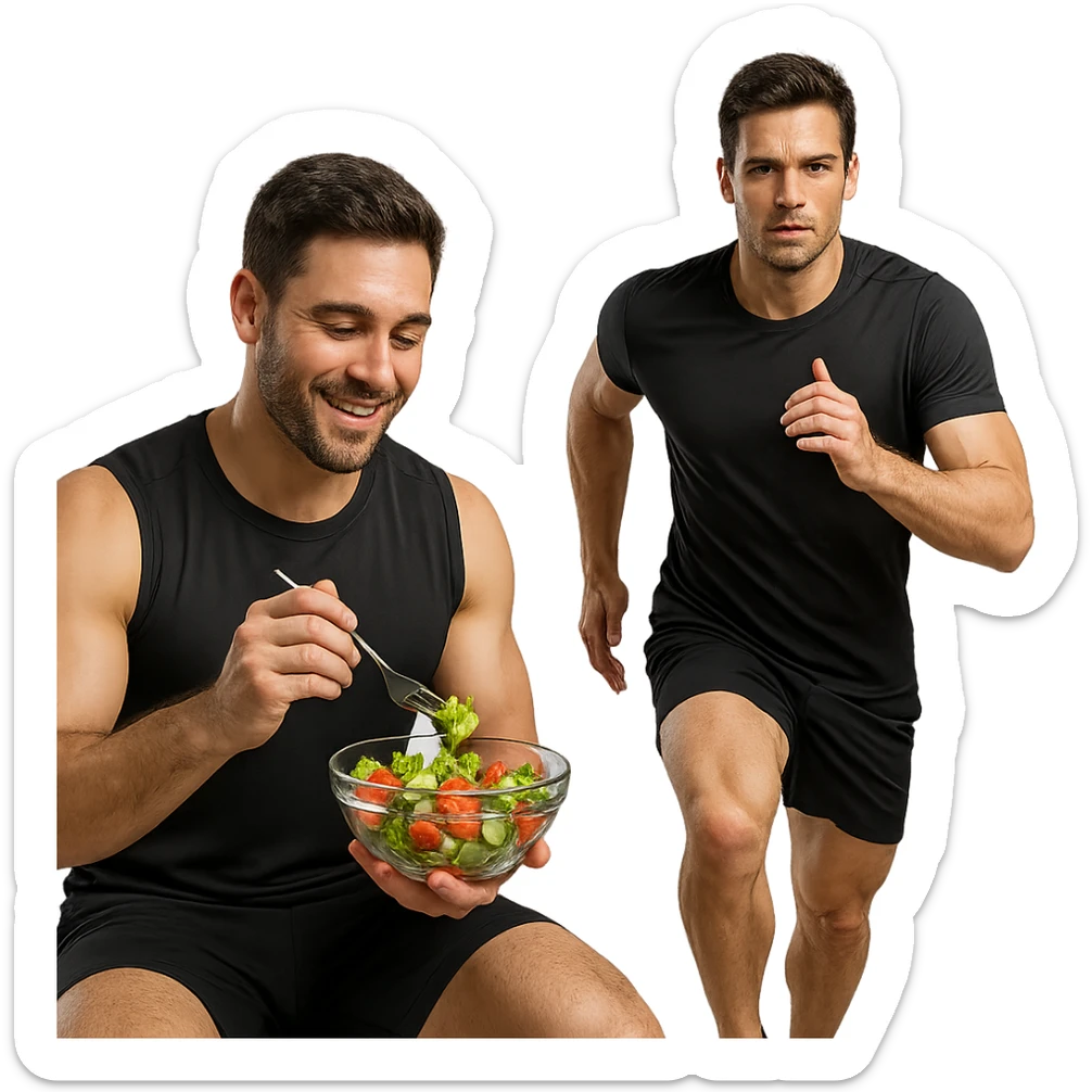 UOMO FITNESS CHE MANGIA INSALATA ACCANTO A UOMO FITNESS CHE CORRE IN POSA FRONTALE sticker