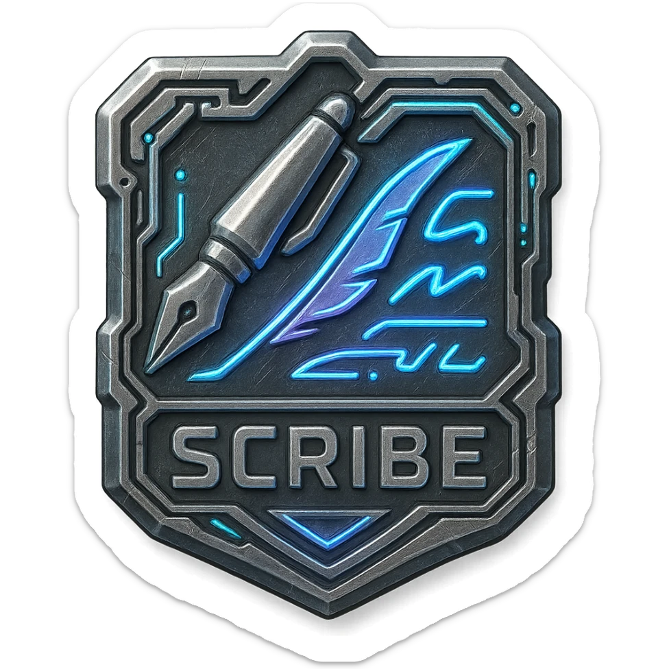 a metal insignia badge for a "scribe", space scifi-futuristic cyberpunk futurepunk sticker