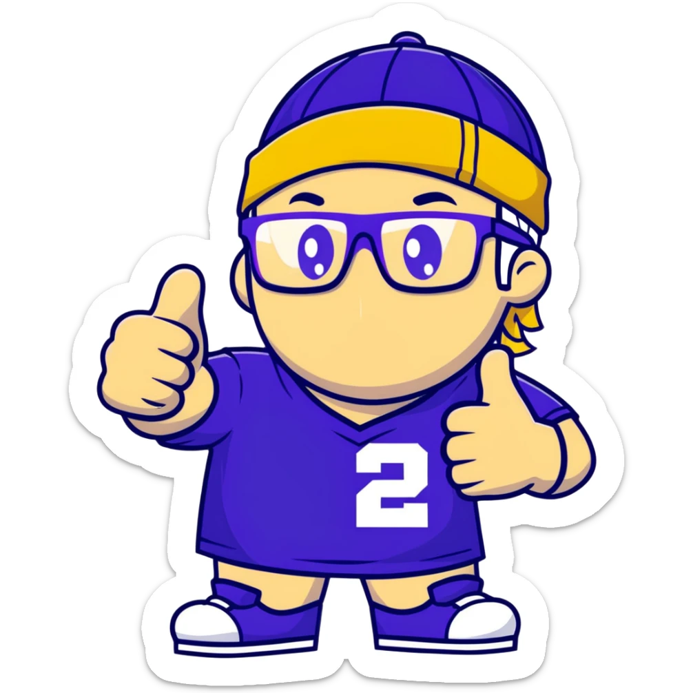 Man with black and white cap, purple sports jersey with number 32, clear glasses, disheveled light blond mullet hairstyle, thumbs up gesture, relaxed expression sticker