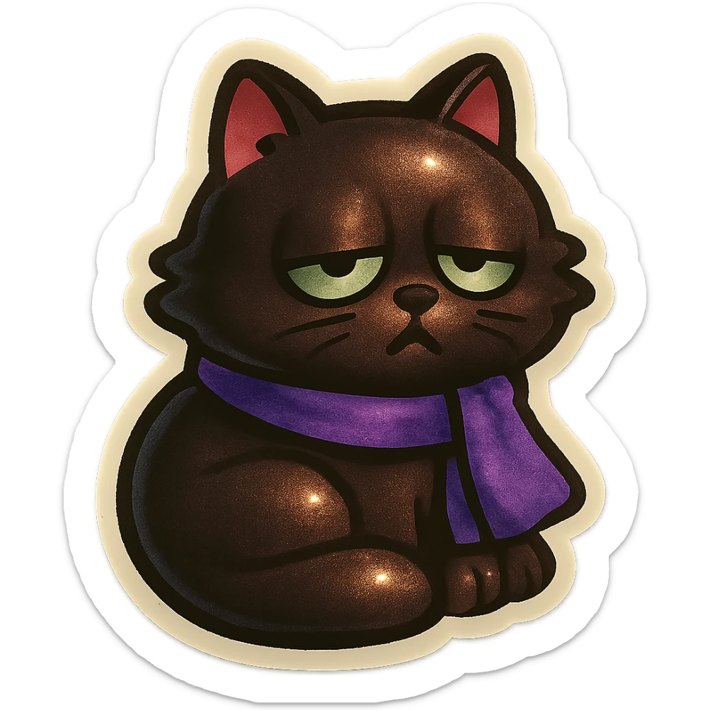 Fluffy sleepy tired dopey cute dark-brown cat with green eyes and a purple scarf  sticker