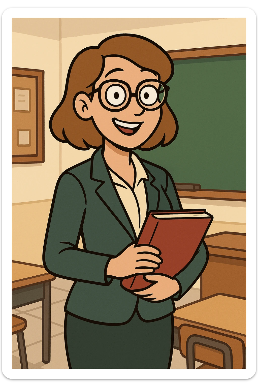 female teacher character with glasses, standing and smiling, holding a book, in a classroom setting, approachable and professional, cartoon style sticker