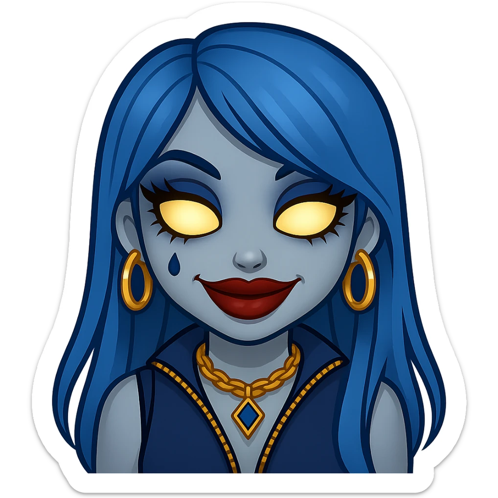 Add glowing eyes to the character, keep the creepy gyaru style with blue hair and pretty makeup, bratz baddie vibe, in emoji style with no background. sticker