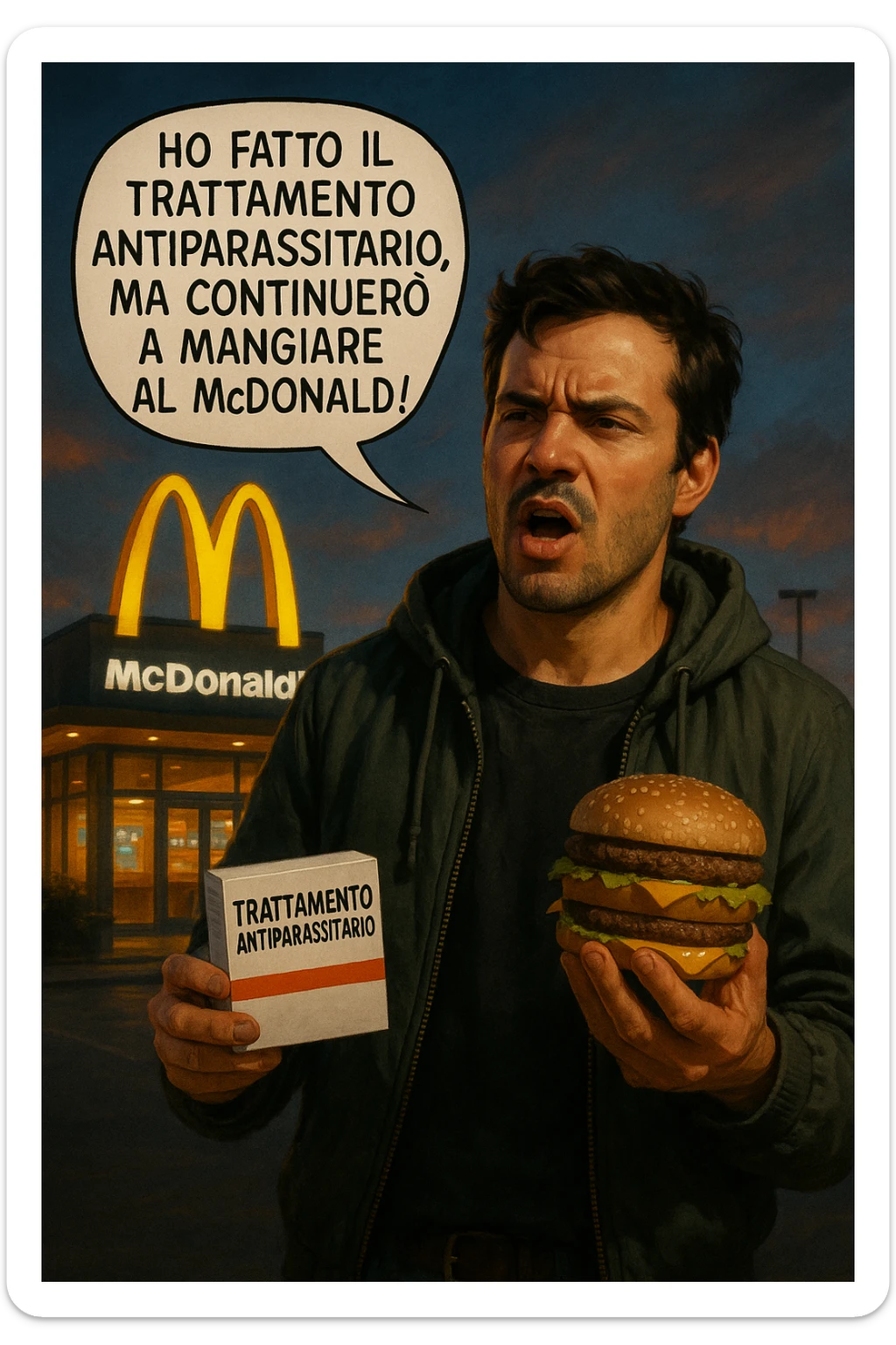 A realistic, cinematic illustration of a man in his early 30s with a confused yet stubborn expression, standing outside a McDonald's at dusk, holding a small box labeled 'Trattamento Antiparassitario' in one hand while holding a large McDonald's burger in the other. He is mid-sentence, saying 'Ho fatto il trattamento antiparassitario, ma continuerò a mangiare al McDonald!' in an expressive speech bubble. The man wears casual streetwear, and behind him, the McDonald's golden arches glow under a neon-lit sky. The mood is ironic and educational, highlighting the contradiction of doing parasite cleanses while continuing unhealthy fast-food habits. The style is realistic with slight illustrative clarity, emphasizing the message humorously while maintaining a serious undertone about lifestyle choices and health in italiano sticker