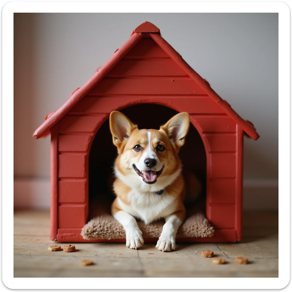 realistic red dog house with a Corgi dog inside, Corgi with a treat, photorealistic style sticker