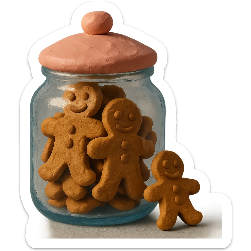 glass cookie jar, pink lid, gingerbread cookies, isolated sticker