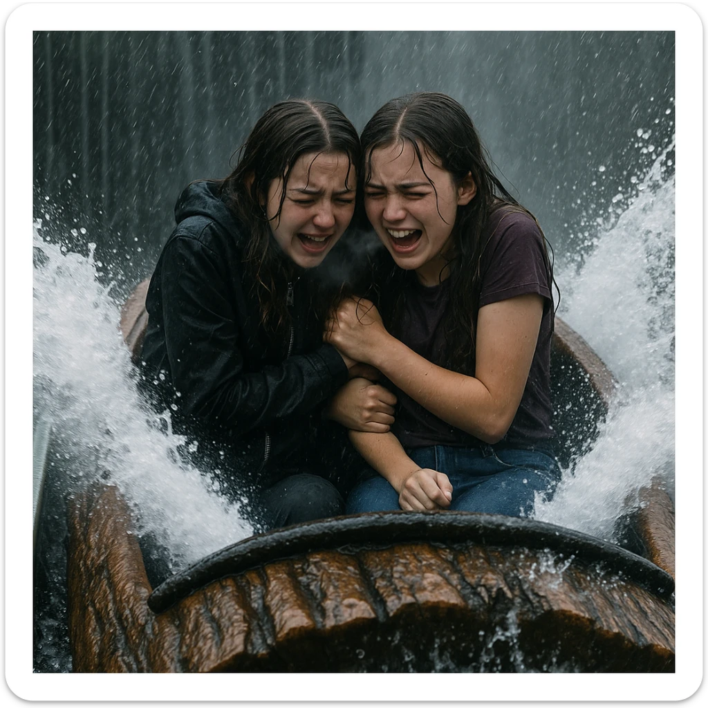 two teen girls on a log flume, huddled together, rain pouring down, visible breath from cold, wet hair, dramatic splash sticker