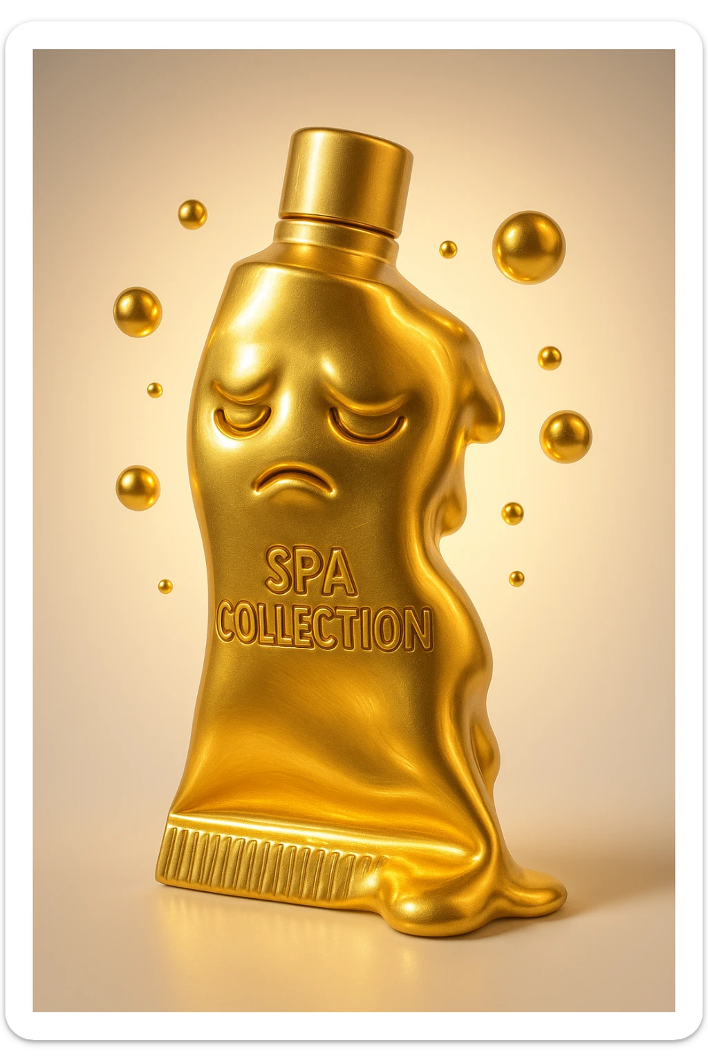 Transform the golden-beige tube into a surreal emoji with exaggerated tube shape, whimsical floating bubbles around it, a dreamy glow effect, and a slightly melting or morphing appearance. Keep the 'SPA COLLECTION' label visible. Emphasize a surreal, imaginative vibe with golden-beige tones and artistic surreal elements. sticker