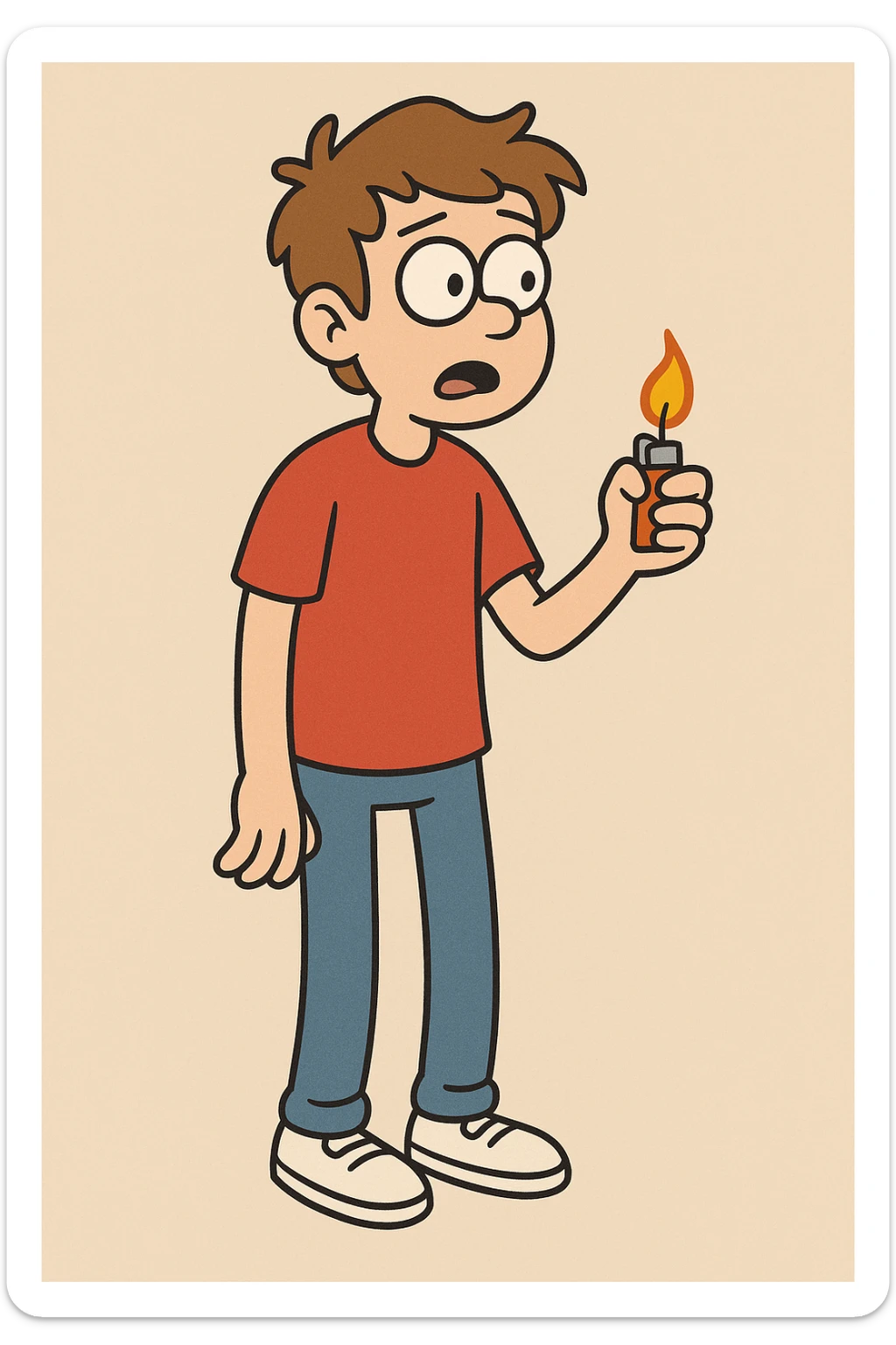 A boy lights brown hair sleeves with Red t-shirts blue jeans white shoes sticker