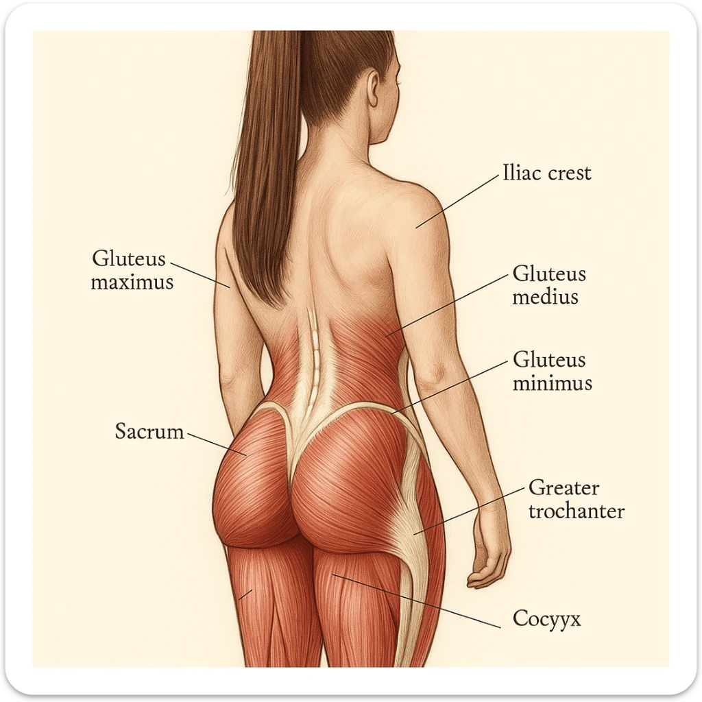 Create a realistic anatomical view of the female gluteal region identical in posture, proportions, and hair to the reference photo. Highlight the gluteal muscles (gluteus maximus, medius, minimus) and main anatomical structures in a medical illustration style with a neutral background. sticker