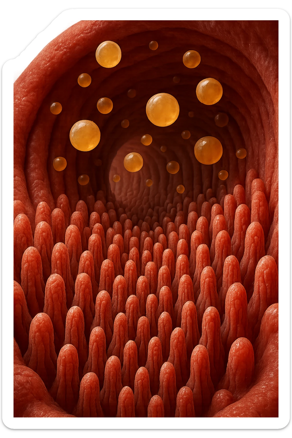 VILLI INTESTINALI CON CELLULE DI GRASSO CHE CI FLUTTUANO SOPRA, INTERNO REALISTICO DI UN INTESTINO, IPERREALISTICO 4K sticker