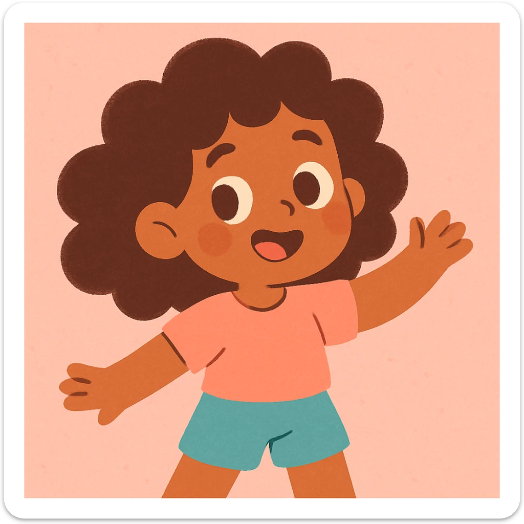 menina parda com cabelos cacheados, cute cartoon style, soft colors, adorable sticker