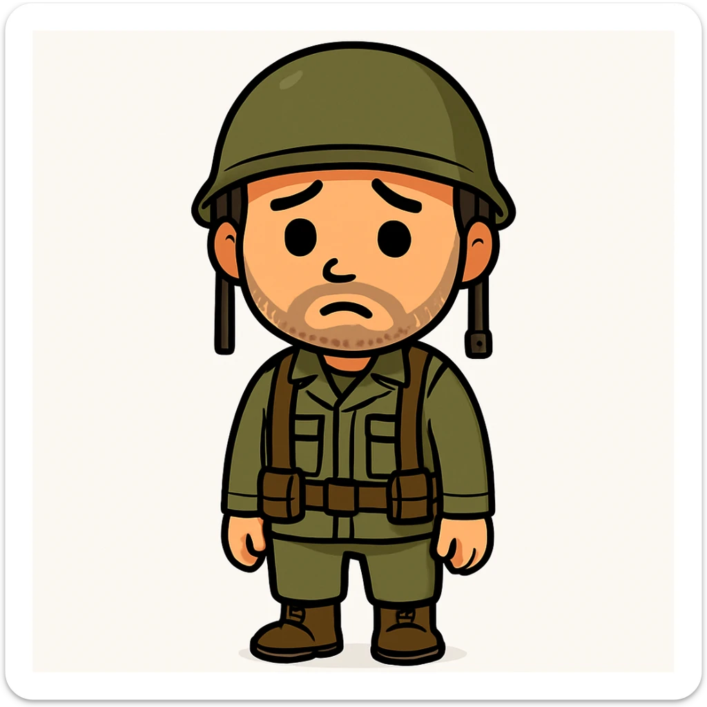 A white man with stubble in a soldier's uniform and a sad face, emoji style, full body, nothing cut off sticker