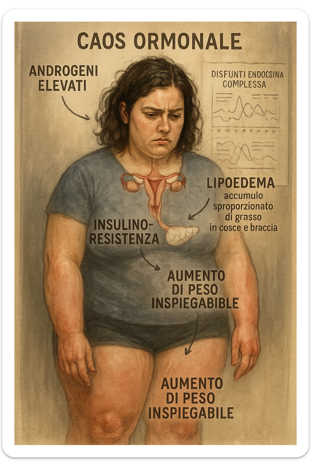 cinematic realistic in italiano Woman with PCOS struggling with hormonal chaos, transparent overlay showing elevated androgens and insulin resistance affecting her body, lipedema causing disproportionate fat accumulation in legs and arms despite normal torso, expression of frustration with unexplained weight gain, medical charts showing complex endocrine dysfunction, painful swollen limbs contrasting with metabolic confusion sticker