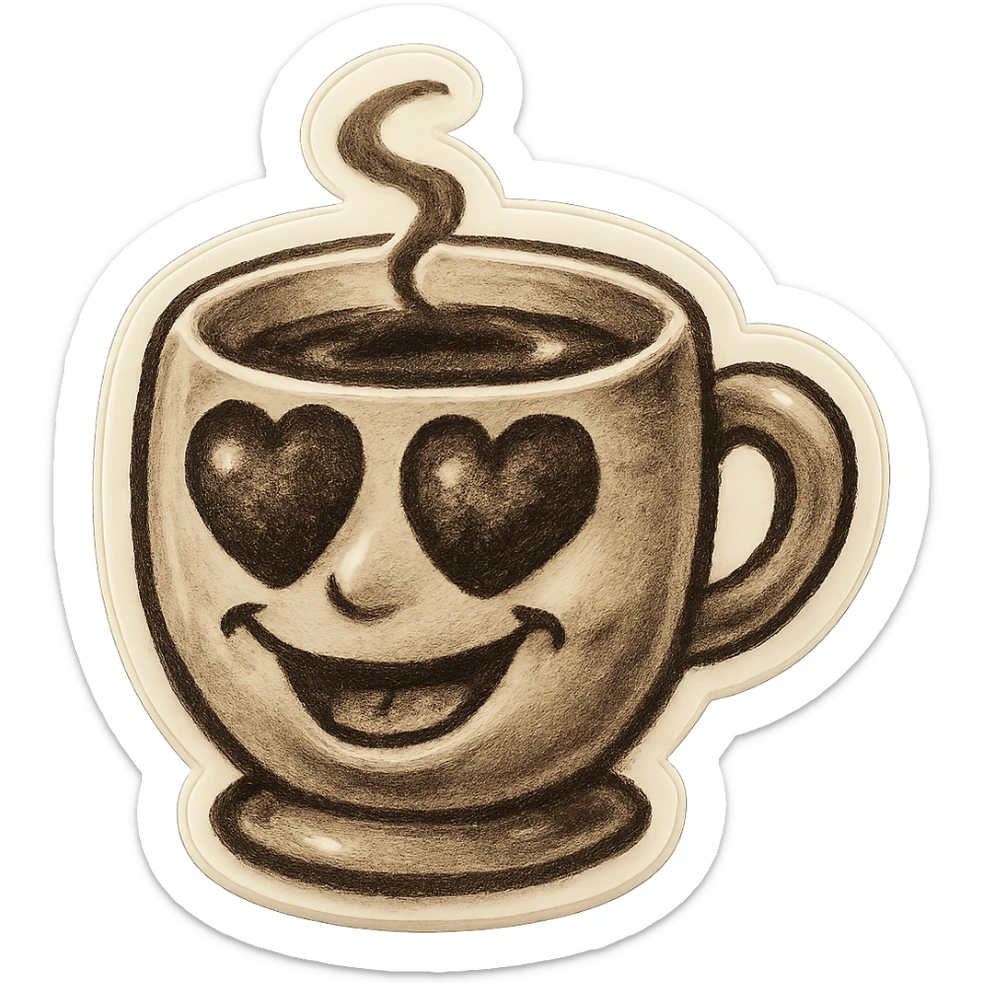 Ink wash style, coffee cup creature, big heart eyes, dopey smile sticker
