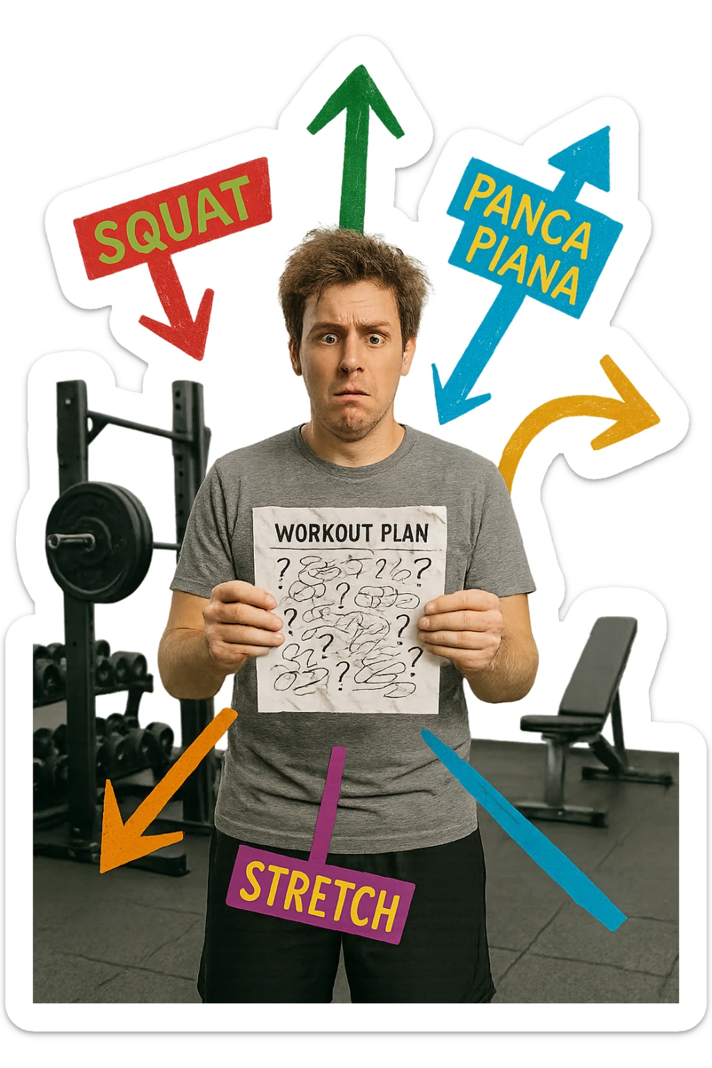 a person stands in the center of a gym, surrounded by arrows pointing in all directions, each labeled with a different exercise (e.g., “squat,” “Salti,” “stretch,” “Panca Piana”). The person looks bewildered, holding a workout plan with scribbles and question marks. The scene is colorful but visually messy, symbolizing confusion. in italiano immagine iperrealistica sticker