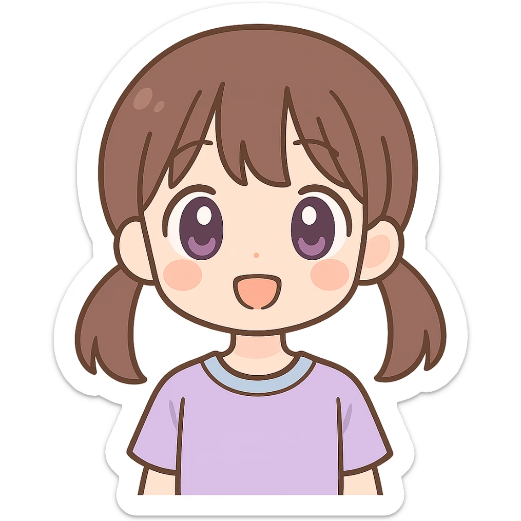 brunette anime girl with purple eyes, classic anime style, various emotions, clean lines, no background sticker