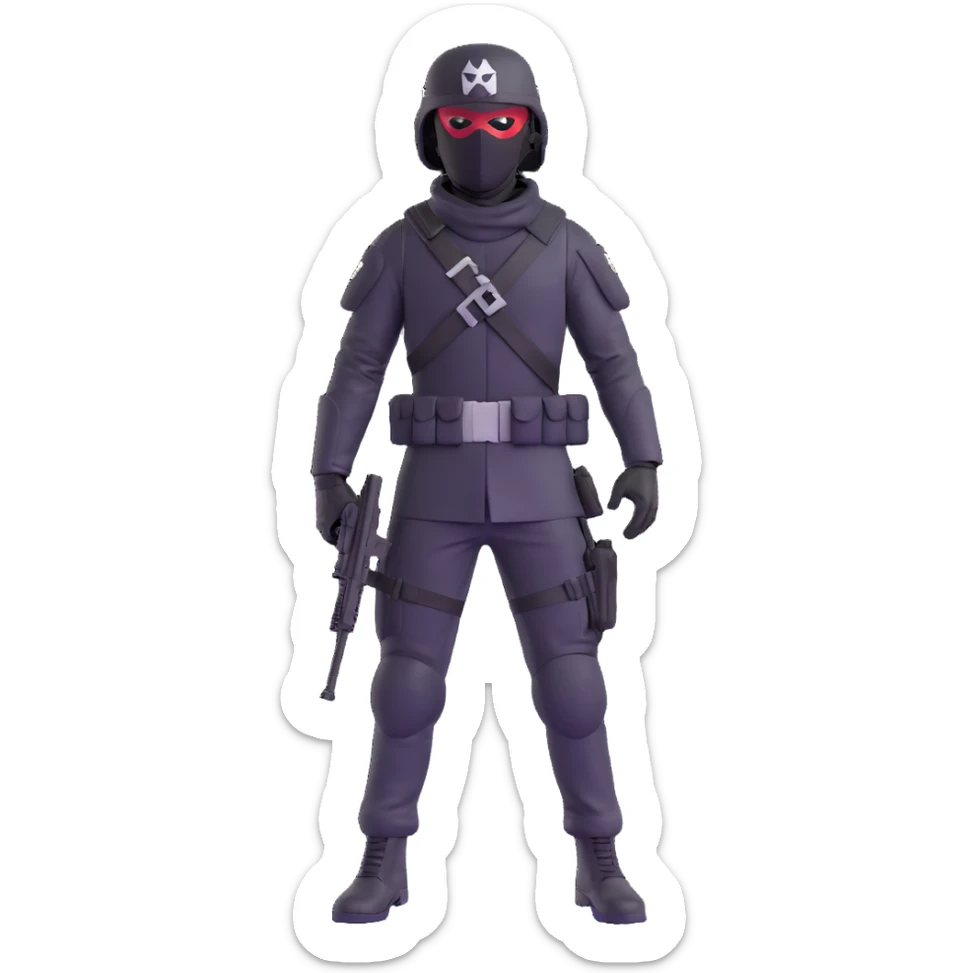 armed figure in all-black military clothing, shiesty mask, and helmet, standing in a ready pose sticker