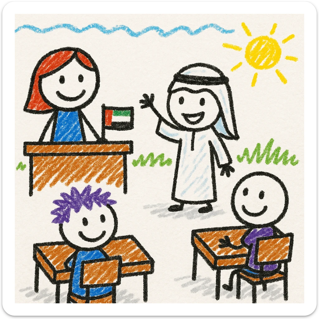 cartoon classroom scene with a child in Emirati dress answering a question, UAE flag on the teacher's desk, vibrant and appealing for kids sticker