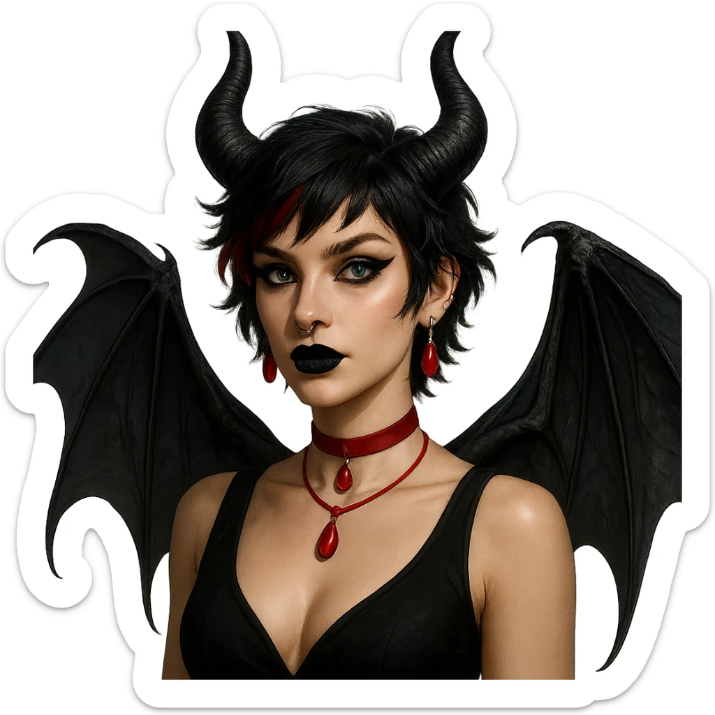 light skin tone goddess Lilith with short shaggy black hair with red streaks, Maleficent-style horns, black bat wings, wearing a black low-cut dress, red drop earrings, red drop choker necklace, blue eyes, dramatic cat-eye eyeliner, black lipstick, silver nose ring, septum ring, lip ring, and three ear piercings in each visible ear, fantasy portrait sticker