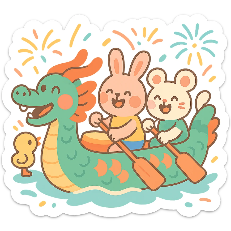chubby dragon boat with cute animal rowers paddling joyfully, pastel-toon style, festive background sticker