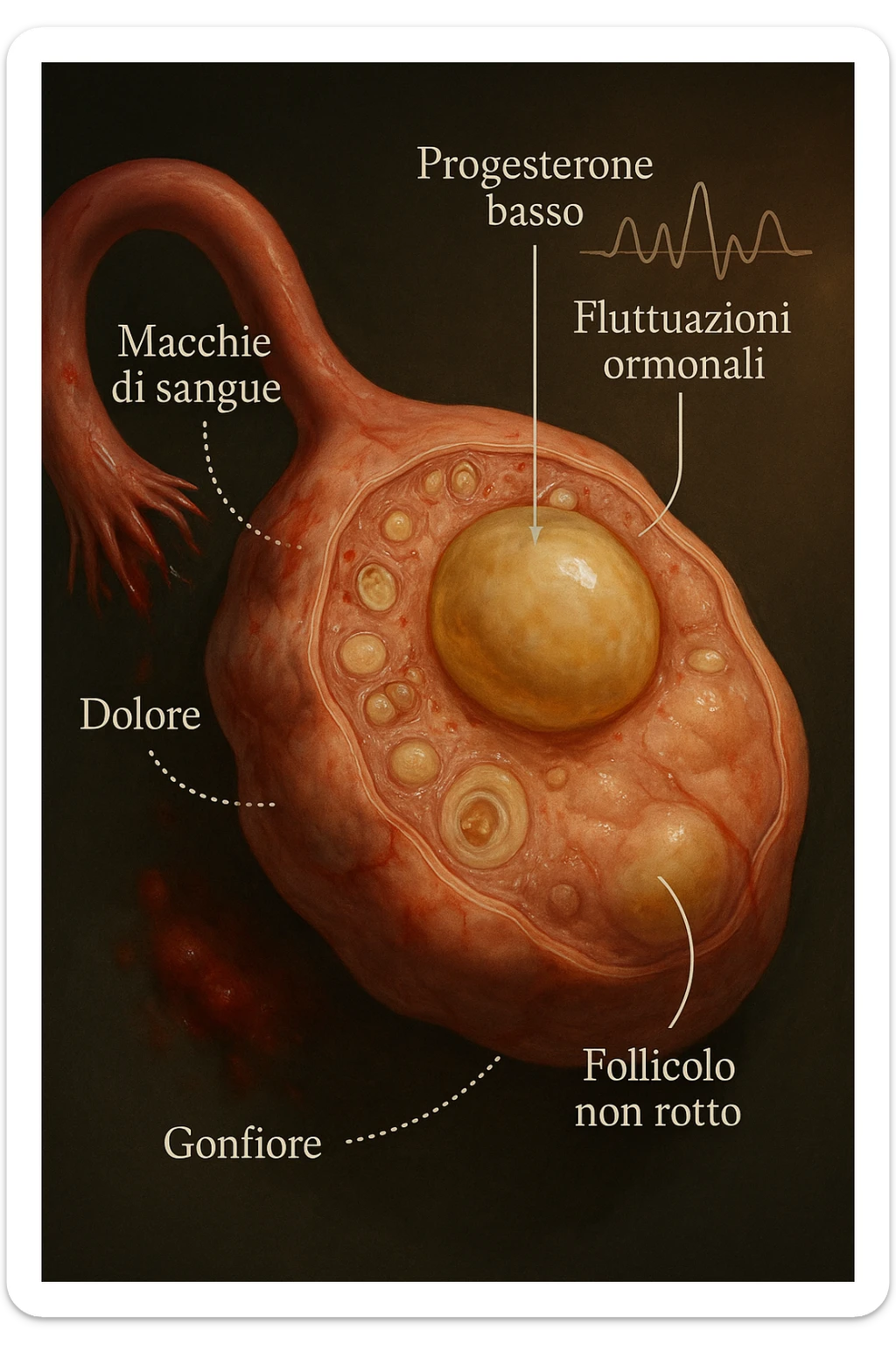 realistic and cinematic illustration of an ovary with an unruptured follicle, low progesterone, hormonal fluctuations, symptoms of spotting, pain and swelling, clinical details, captions in Italian sticker