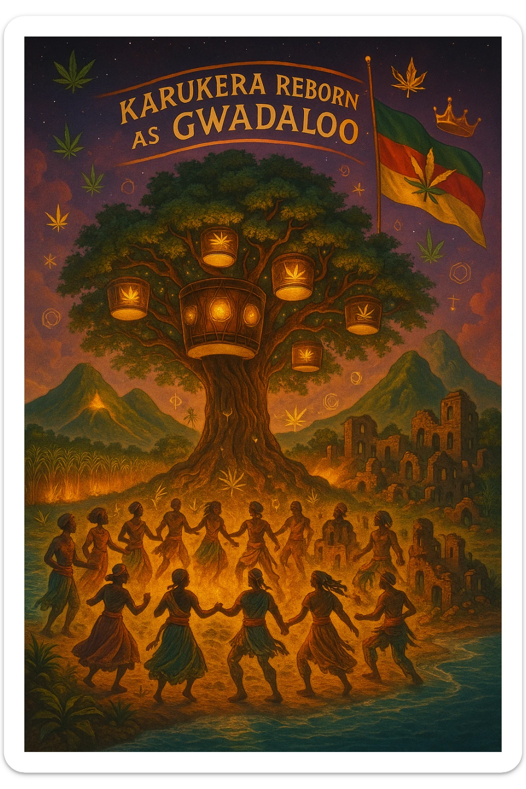 Create a powerful, surreal vision of the Caribbean island Guadeloupe, reimagined as ‘Guadeloupe' — its sacred, sovereign identity restored. The island is lush, tropical, and volcanic, with two green volcanoes glowing golden at the peaks. In the center stands a giant mystical Drum Tree, its branches bearing carved drums instead of fruit, glowing with rhythmic light. Ancestral spirits of African and indigenous lineage dance in a circle around the tree, surrounded by floating ganja leaves and sacred symbols. Sugarcane fields burn gently in the background, symbolizing the end of colonial suffering. Ruins of colonial buildings crumble into the earth, reclaimed by vines and jungle. Above the island, a glowing banner in the sky reads: ‘Karukera reborn as Gwadaloo.’ A ganja-leaf flag waves high in red, green, and gold, and a golden Creole crown floats in the sky above the island — not worn by any man, but held in rhythm. The ocean is turquoise, the light is divine, and the entire scene radiates spiritual victory, cultural remembrance, and cosmic rhythm. Use a warm, cinematic palette of golds, greens, blues, and purples. Style should feel epic, sacred, and symbolic — a rebirth of Caribbean power. sticker