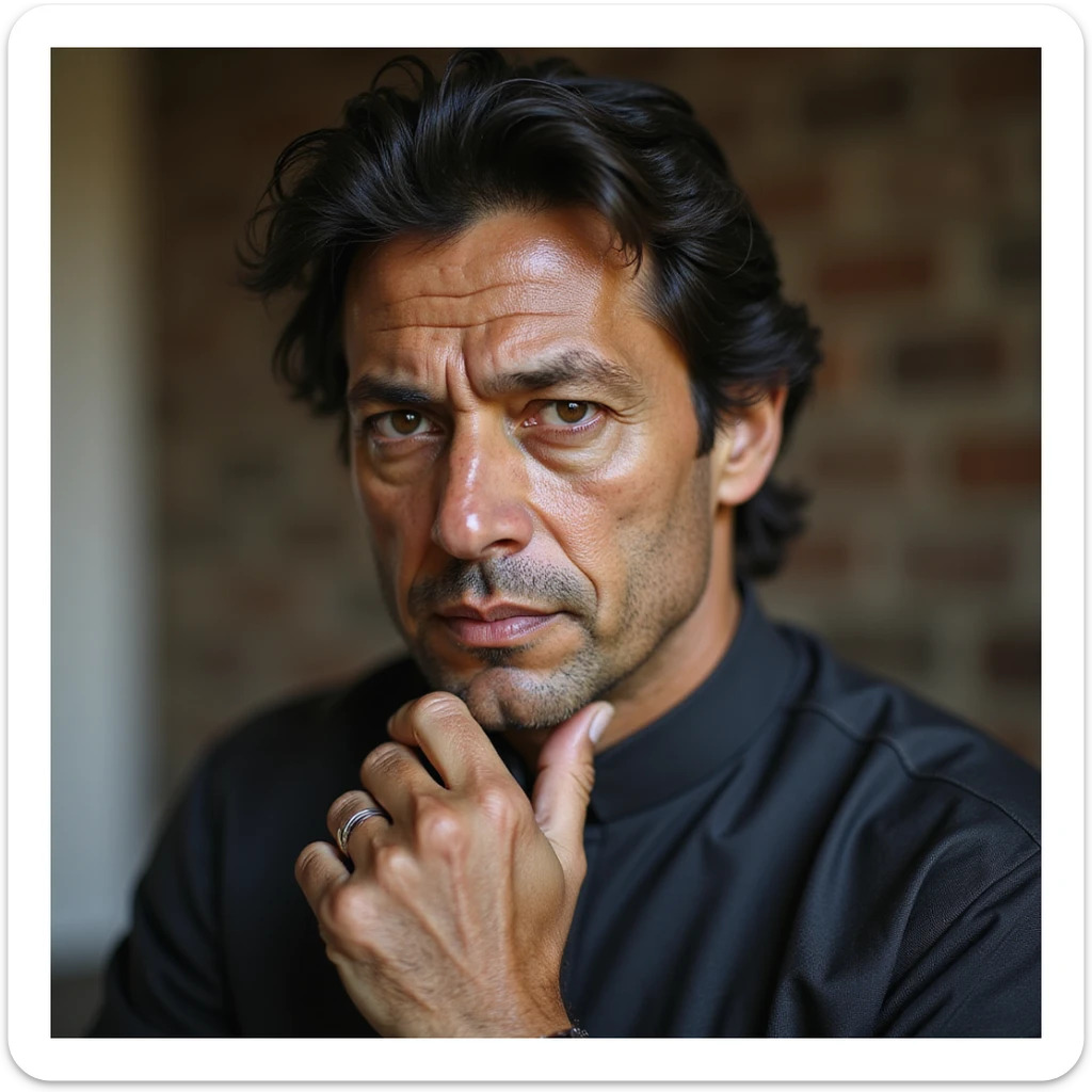 Imran Khan thinking, realistic face, detailed features, photorealism style, ultra realistic, high detail sticker