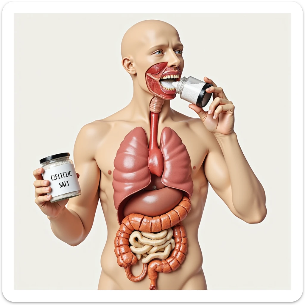 ultra-detailed, hyperrealistic 4K medical illustration of a human body with a jar labeled 'CELTIC SALT', throwing salt into his mouth at breakfast, neutral clear background sticker