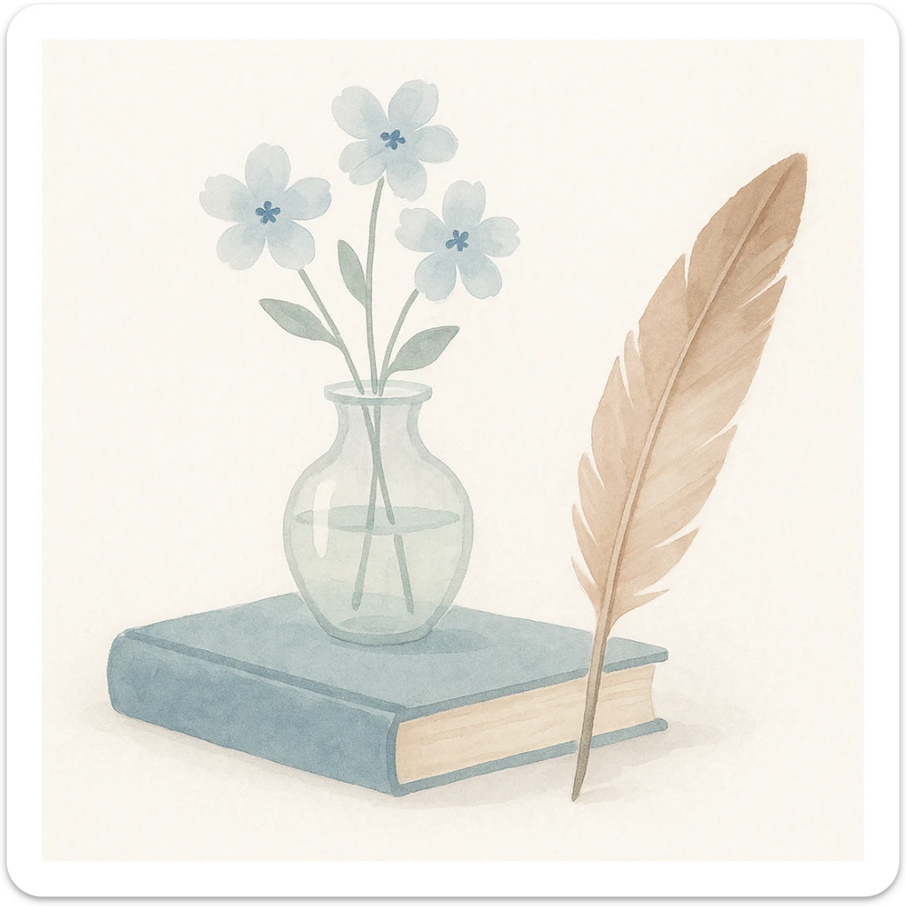 still life of a vintage blue book, pale blue flowers in a transparent vase, and a feather quill pen, arranged artistically together sticker