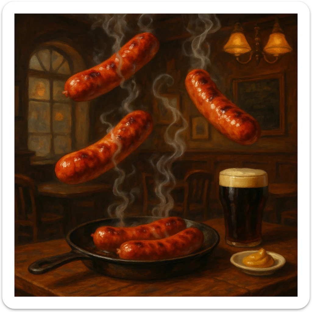 Sizzling sausages floating in the air, whimsical and slightly surreal, traditional English pub theme sticker