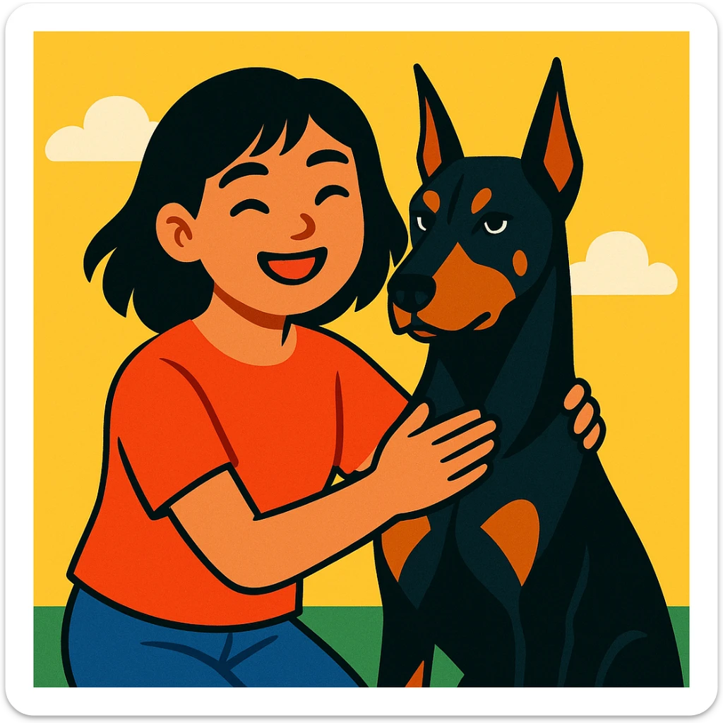 A medium black hair Asian girl holding a Doberman sticker