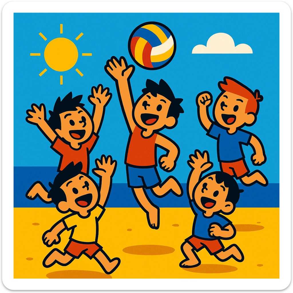 group of boys jumping and hitting a volleyball on the beach on a sunny day sticker