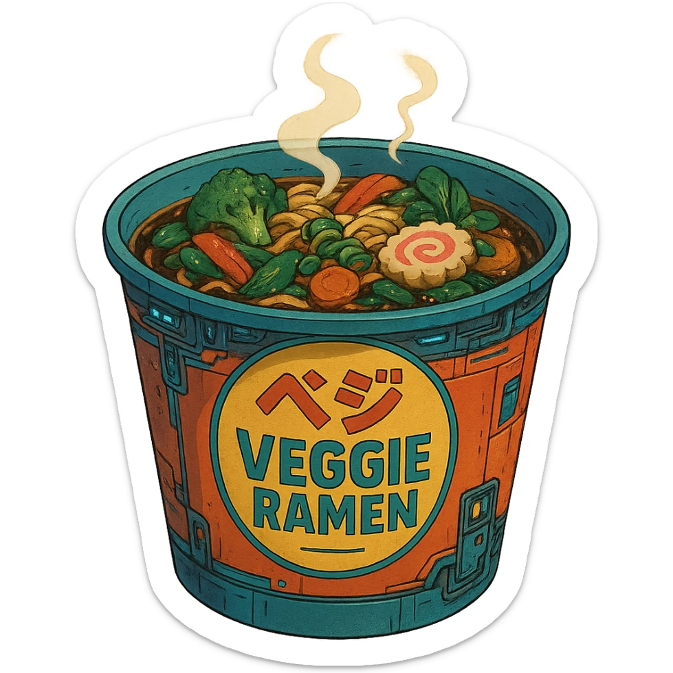 cyberpunk futuristic, scifi, a bowl of delicious veggie , ramen, 1990s, paper cup, classic style branding sticker