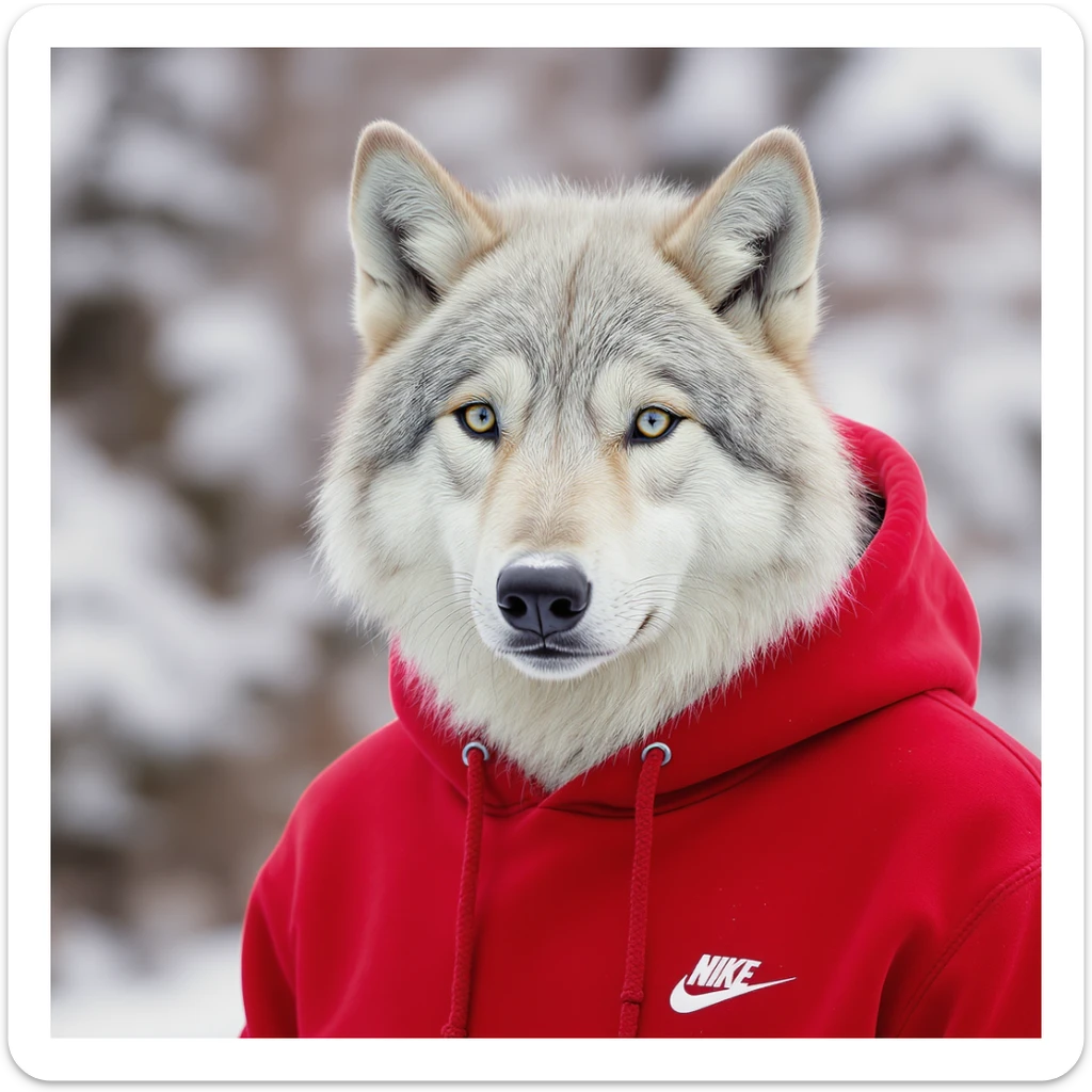 realistic white wolf wearing a red hoodie, detailed fur, natural pose, clean background sticker