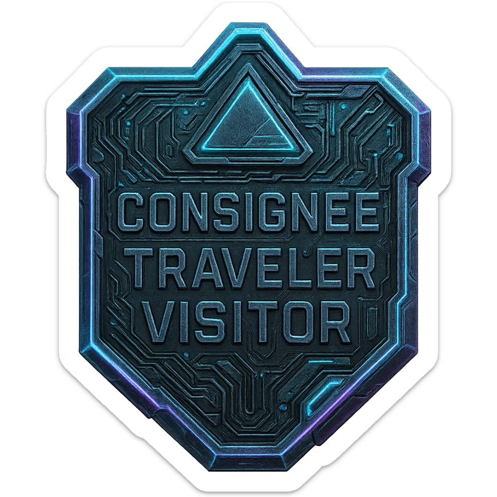 a metal insignia badge for a consignee traveler visitor, space scifi-futuristic cyberpunk futurepunk sticker