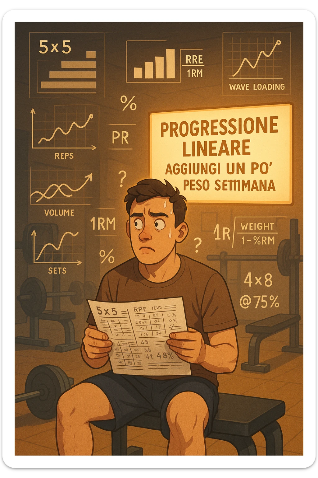 Neofita in palestra, visibilmente confuso, seduto su una panca con in mano un foglio pieno di schemi complicati, numeri, percentuali e sigle (tipo 5x5, RPE, 1RM, wave loading, ecc). Ha un’espressione perplessa, guarda in tutte le direzioni. Intorno a lui appaiono in aria grafici intricati, metodi diversi, formule complicate. Ma sullo sfondo, in modo semplice e luminoso, c'è un cartello che dice: 'Progressione lineare – Aggiungi un po’ di peso ogni settimana'. La luce calda illumina proprio quel messaggio semplice. Contrasto visivo forte tra la confusione e la chiarezza. Stile realistico o illustrato, atmosfera educativa e motivazionale. sticker