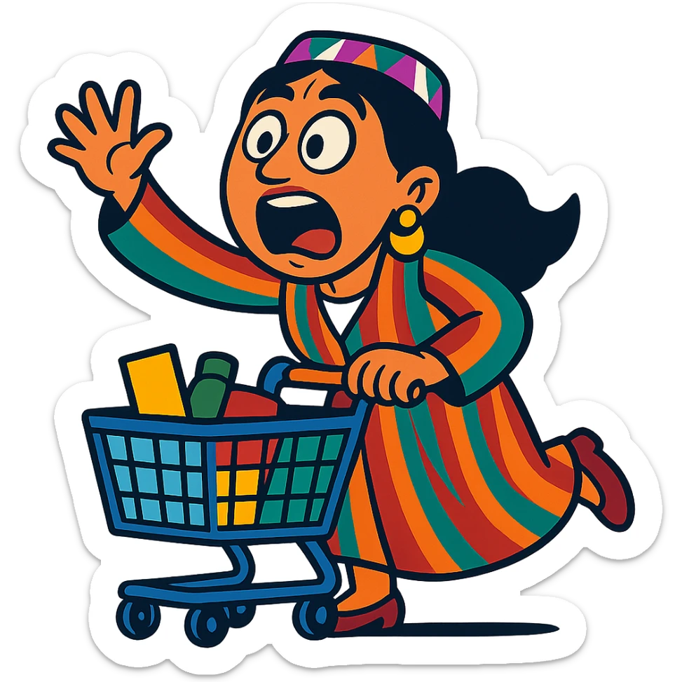 cartoonish Uzbek woman with a shopping cart, exaggerated emotions sticker