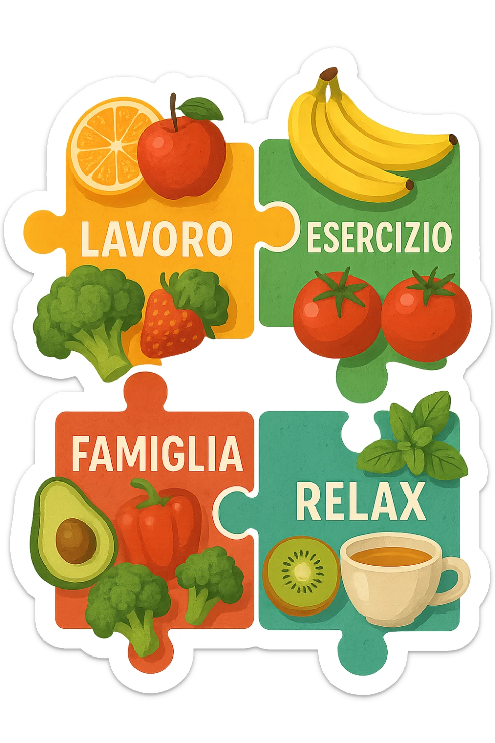 Puzzle (Lavoro, Esercizio, Famiglia, Relax), and healthy foods are integrated into each piece. in italiano sticker