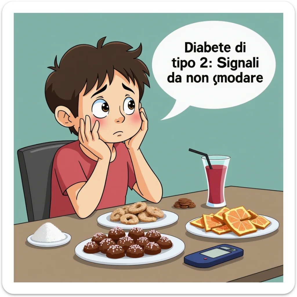 symbolic scene of a person sitting at a table with plates of sweets and sugary drinks, worried look, glucometer on the table, Italian text 'Diabete di tipo 2: segnali da non ignorare', 4K quality sticker