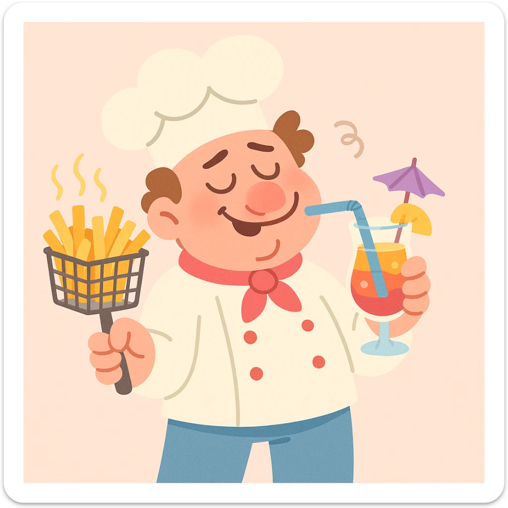 A cartoon drunk chef, holding a fryer basket of hot fries, sipping a colorful mocktail, chef outfit, whimsical, pastel toon style sticker