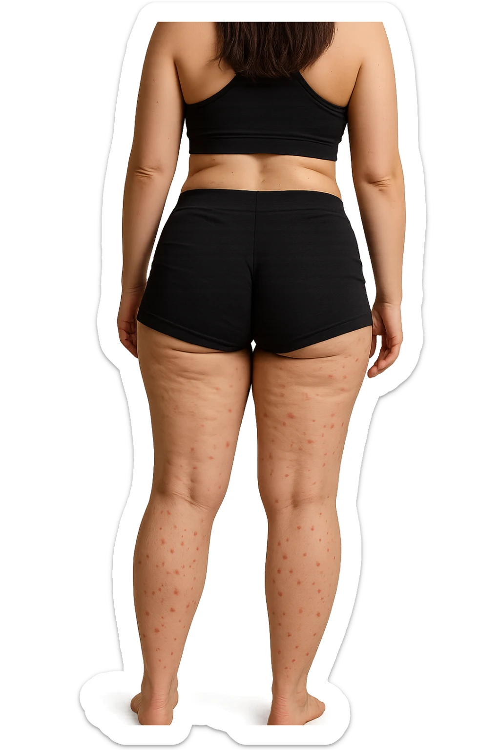 donna di schiena in gym shorts con cellulite e red spot sparsi sulle gambe sticker