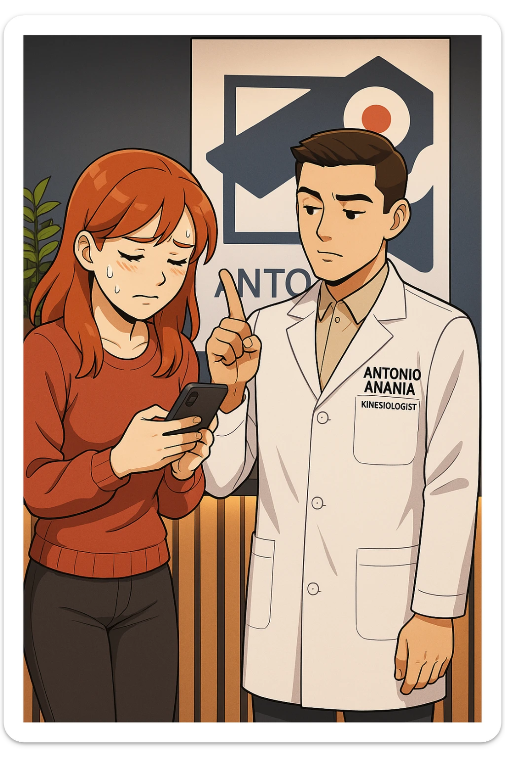 su questo stile fai un manga/webtoon a colori in cui una donna CONTROLLA LO SMARTPHONE MENTRE PARLA CON L'UOMO, l'uomo della foto in stile manga LE DICE DI "NO" CON IL DITO, mantieni un ambiente simile alla foto che ho allegato con il suo logo (sarebbe il suo studio, lui è un kinesiologo), scrivigli "ANTONIO ANANIA" sul camice bianco, non mettere fumetti, ma fai in modo che sembri che la donna CONTROLLI LO SMARTPHONE E L'UOMO CON I GESTI LE FACCIA CAPIRE CHE STA SBAGLIANDO sticker