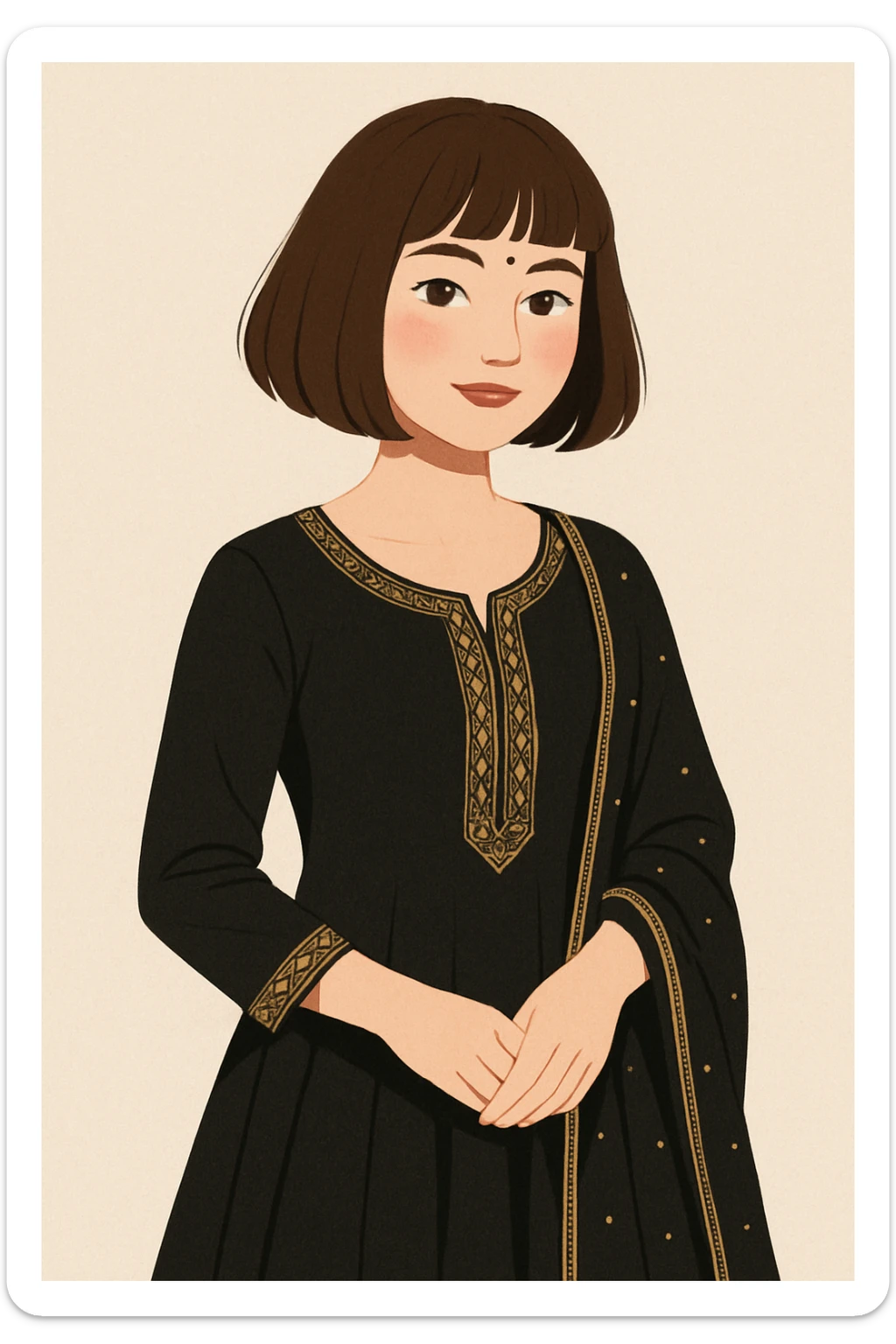 a girl with a black Indian dress, bob cut brown hair, and white skin tone, in a modern illustration style sticker