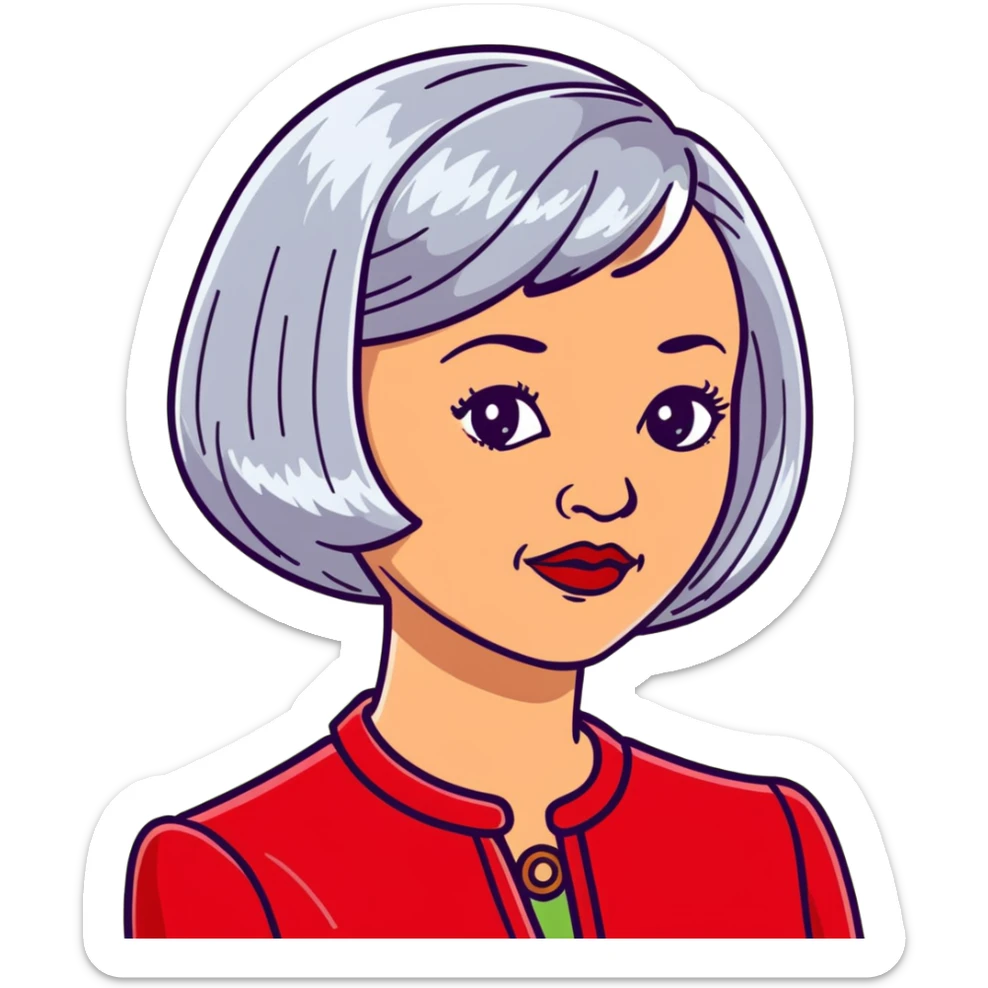 Elegant Hispanic senior woman, 70s, with silver bob haircut, bright complexion, marked cheekbones, almond-shaped hazel eyes, wearing red lipstick and a red structured collar blouse sticker