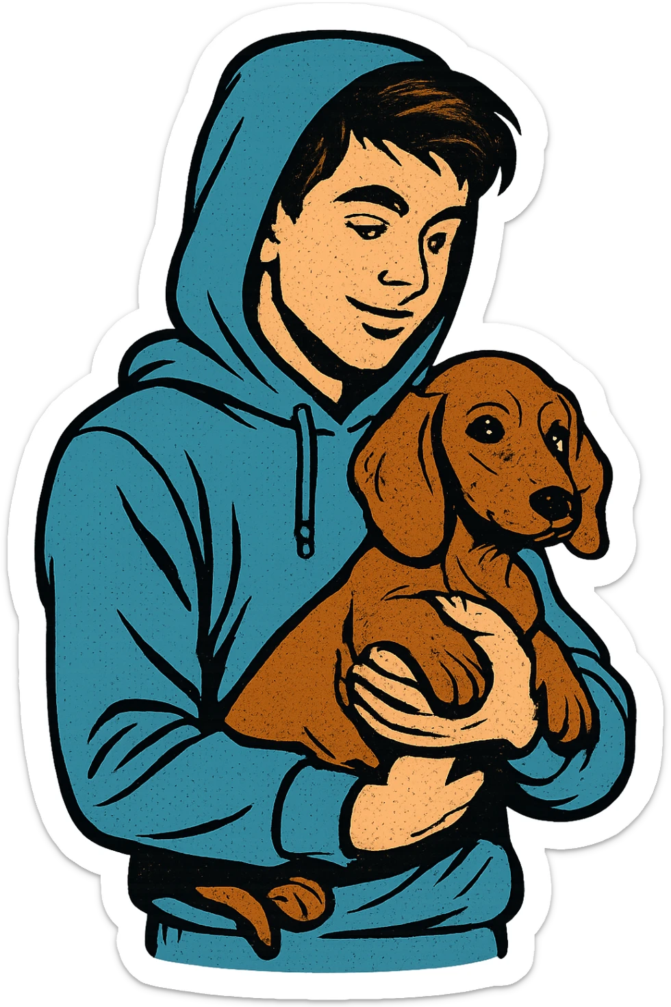 A modern day teenager wearing a blue hoodie with a puppy dachshund sticker