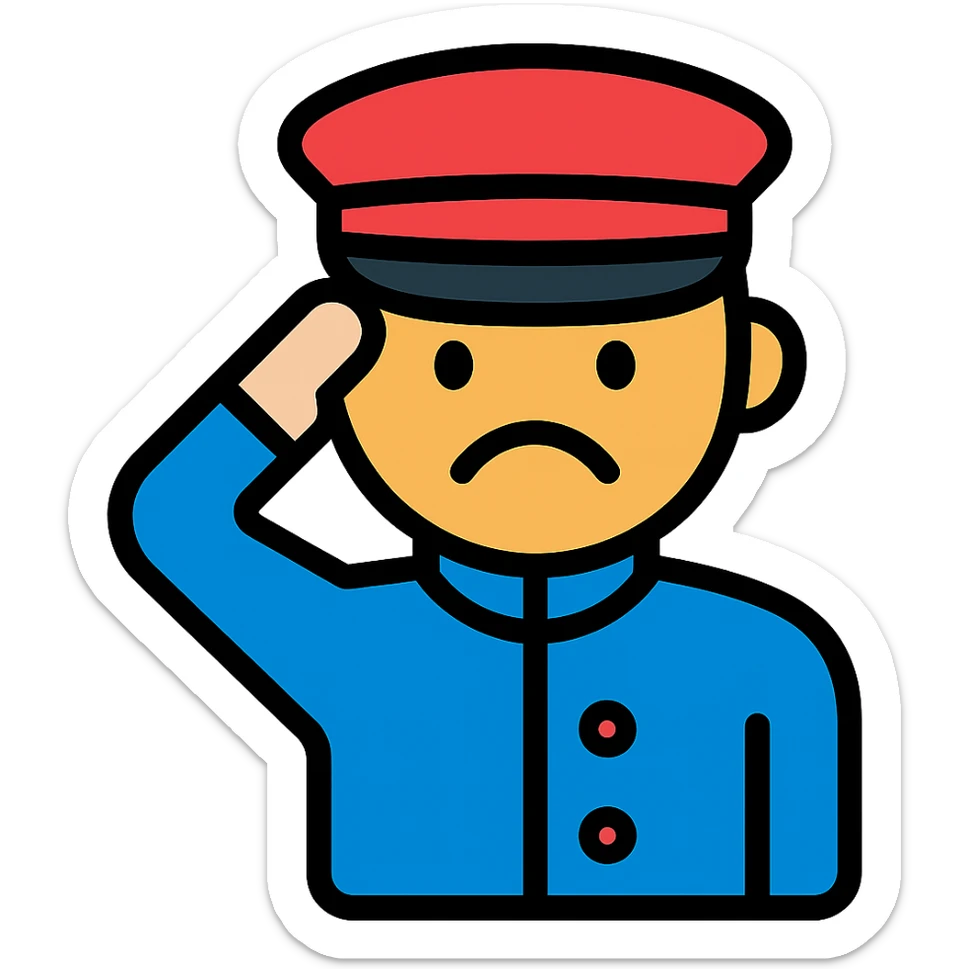 Convert the image to a color outline icon style of a sad face in uniform saluting. Keep the background transparent. sticker