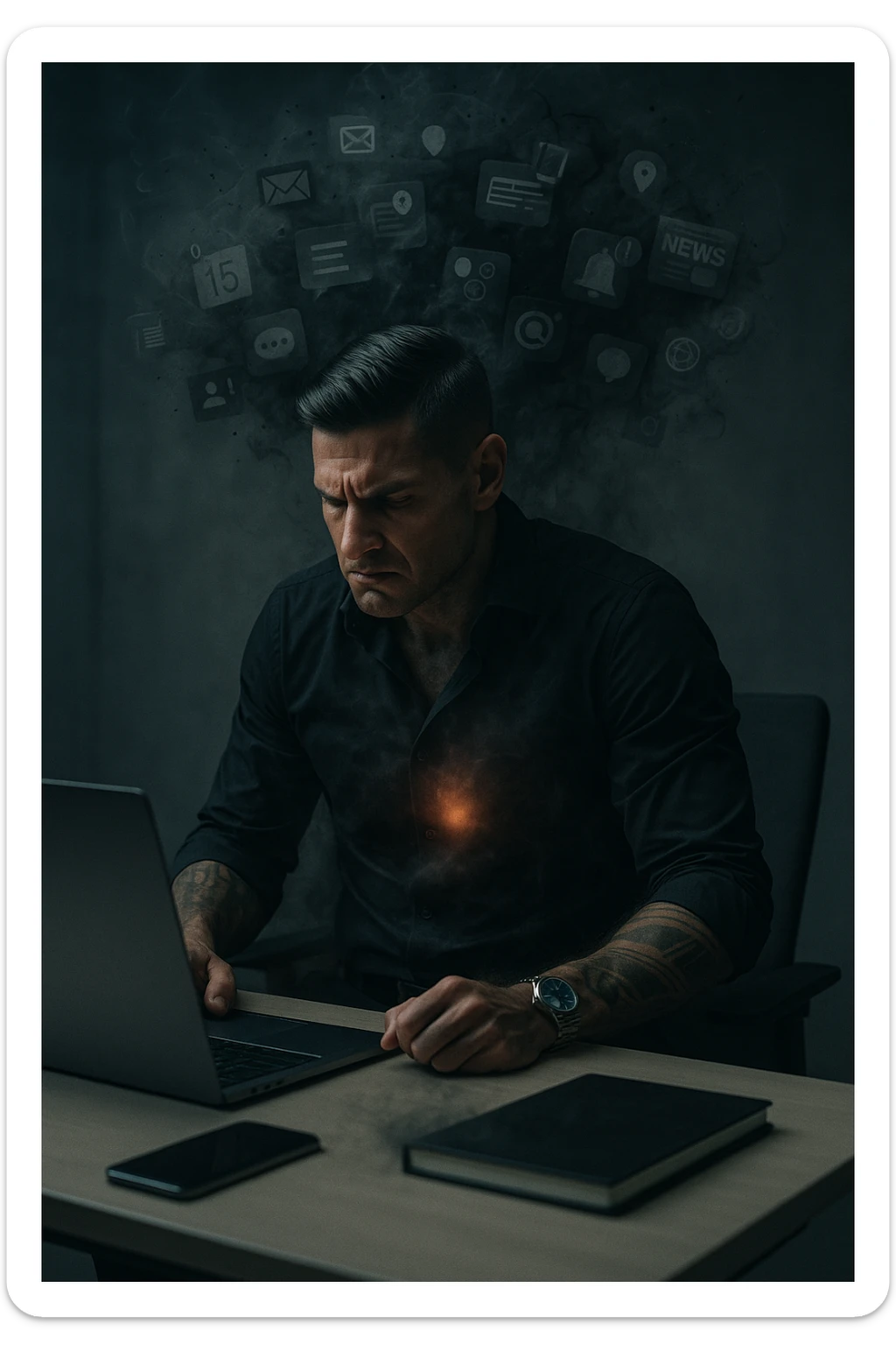 A highly realistic, cinematic image of a young man in his early 30s, sitting at a modern office desk under harsh artificial lighting, shoulders hunched, jaw clenched, and breathing shallowly, symbolizing how modern society forces people to live in a state of chronic tension and restricted breathing. Around him, faint black and grey visual elements represent notifications, deadlines, social media icons, and news alerts, swirling around his head like a chaotic storm, symbolizing societal pressure. His chest appears visually tight and compressed, and faint dark smoke emanates from his body, representing blocked breath and internalized stress. In contrast, a faint glowing light near his chest and abdomen tries to expand, symbolizing the innate desire of the body to breathe freely and deeply. The environment is cold and minimalistic, with a sense of stillness and tension, captured in a hyperrealistic 35mm film style with muted colors, focusing on the man's tense posture and restricted breathing to reflect the unseen burden of modern living. sticker