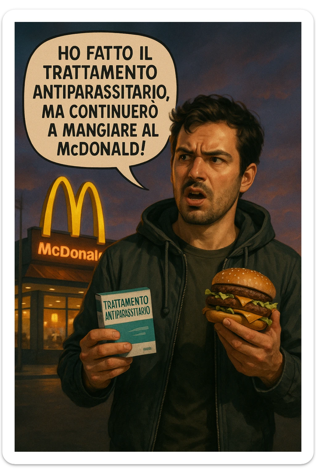 A realistic, cinematic illustration of a man in his early 30s with a confused yet stubborn expression, standing outside a McDonald's at dusk, holding a small box labeled 'Trattamento Antiparassitario' in one hand while holding a large McDonald's burger in the other. He is mid-sentence, saying 'Ho fatto il trattamento antiparassitario, ma continuerò a mangiare al McDonald!' in an expressive speech bubble. The man wears casual streetwear, and behind him, the McDonald's golden arches glow under a neon-lit sky. The mood is ironic and educational, highlighting the contradiction of doing parasite cleanses while continuing unhealthy fast-food habits. The style is realistic with slight illustrative clarity, emphasizing the message humorously while maintaining a serious undertone about lifestyle choices and health in italiano sticker