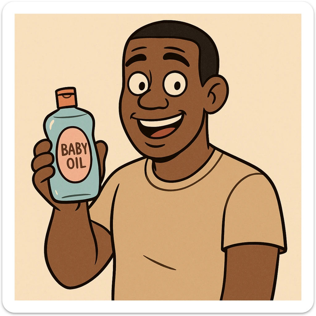A Black man with short hair holding a bottle of baby oil, cartoon, approachable look sticker
